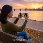 한강 공원 벤치에서 노을을 스마트폰으로 촬영하는 여성