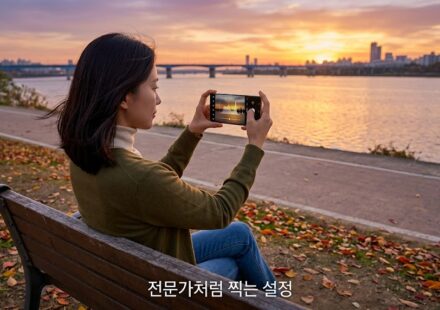 한강 공원 벤치에서 노을을 스마트폰으로 촬영하는 여성