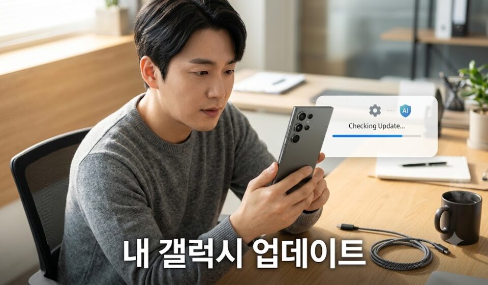 갤럭시 스마트폰으로 소프트웨어 업데이트를 확인하는 남성