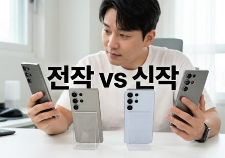 책상 위에 놓인 갤럭시 울트라 두 대를 번갈아 살펴보는 남성