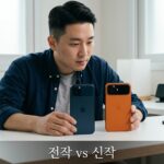 책상 위 주황색과 남색 스마트폰 두 대를 나란히 두고 비교하는 남성