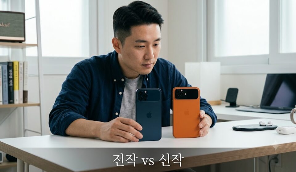 책상 위 주황색과 남색 스마트폰 두 대를 나란히 두고 비교하는 남성