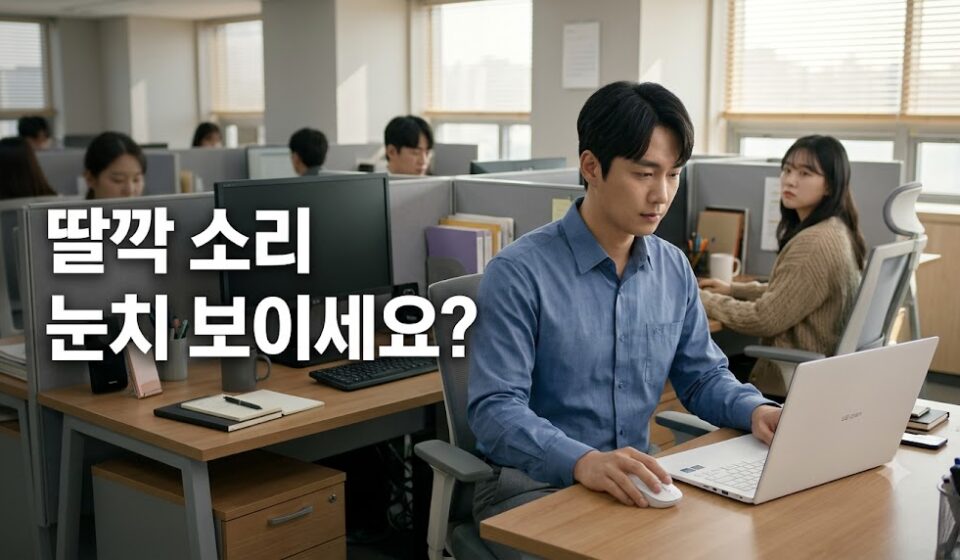 조용한 사무실에서 노트북으로 마우스를 사용하는 직장인 이미지