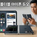 책처럼 펼쳐지는 폴더블 스마트폰 두 대가 놓인 책상 앞에서 접힌 폰을 살펴보는 남성