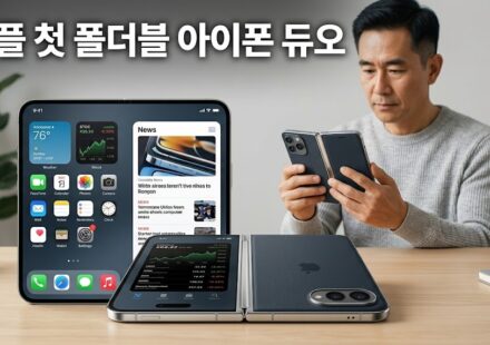 책처럼 펼쳐지는 폴더블 스마트폰 두 대가 놓인 책상 앞에서 접힌 폰을 살펴보는 남성
