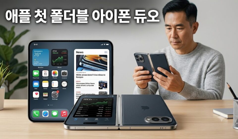 책처럼 펼쳐지는 폴더블 스마트폰 두 대가 놓인 책상 앞에서 접힌 폰을 살펴보는 남성