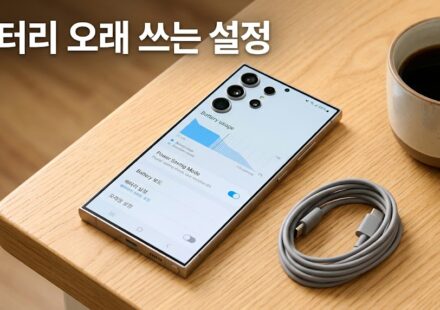 원목 책상 위 배터리 설정 화면이 켜진 스마트폰과 충전 케이블