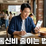 카페에서 스마트폰 요금 화면을 보며 노트에 계산하는 한국인 남성