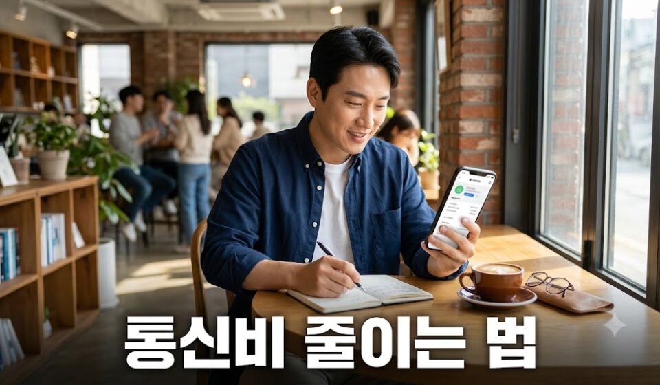 카페에서 스마트폰 요금 화면을 보며 노트에 계산하는 한국인 남성
