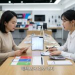 통신 매장 상담 카운터에서 폴더블 스마트폰 모형을 보며 상담하는 모습