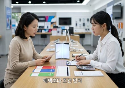 통신 매장 상담 카운터에서 폴더블 스마트폰 모형을 보며 상담하는 모습