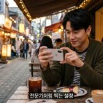 카페 테라스에서 스마트폰으로 디저트를 촬영하는 남성
