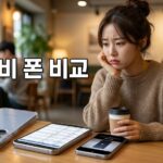 카페 테이블 위 두 대의 스마트폰을 비교하며 고민하는 여성
