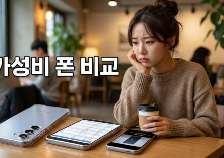 카페 테이블 위 두 대의 스마트폰을 비교하며 고민하는 여성