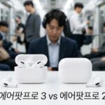흰 테이블 위에 나란히 놓인 두 쌍의 무선 이어폰과 충전 케이스, 뒤로 지하철 안의 직장인들