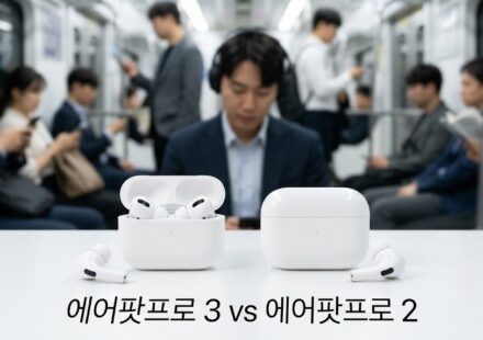 흰 테이블 위에 나란히 놓인 두 쌍의 무선 이어폰과 충전 케이스, 뒤로 지하철 안의 직장인들