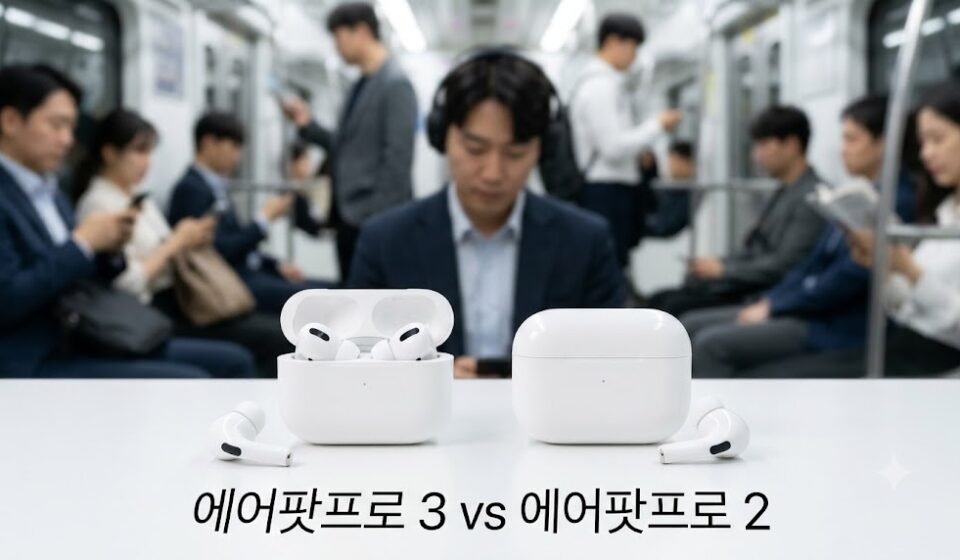 흰 테이블 위에 나란히 놓인 두 쌍의 무선 이어폰과 충전 케이스, 뒤로 지하철 안의 직장인들