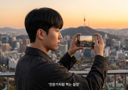 서울 도심 전망 앞에서 스마트폰으로 사진을 촬영하는 남성