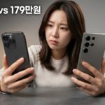 아이폰과 갤럭시 스마트폰을 양손에 하나씩 들고 비교하며 고민하는 여성