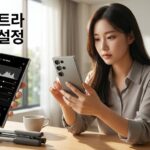 밝은 실내에서 갤럭시 스마트폰을 들고 카메라 프로 모드 화면을 살펴보는 여성