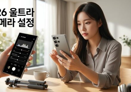 밝은 실내에서 갤럭시 스마트폰을 들고 카메라 프로 모드 화면을 살펴보는 여성