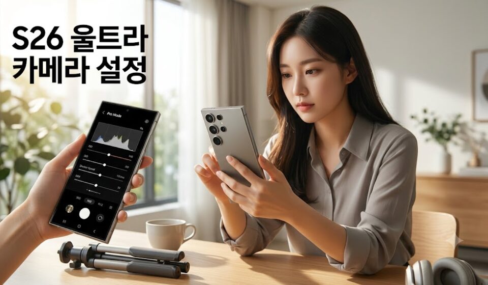 밝은 실내에서 갤럭시 스마트폰을 들고 카메라 프로 모드 화면을 살펴보는 여성