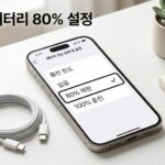 흰 책상 위 충전 한도 설정 화면이 켜진 스마트폰과 충전 케이블