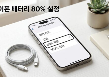 흰 책상 위 충전 한도 설정 화면이 켜진 스마트폰과 충전 케이블
