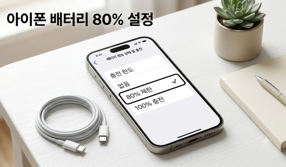 흰 책상 위 충전 한도 설정 화면이 켜진 스마트폰과 충전 케이블