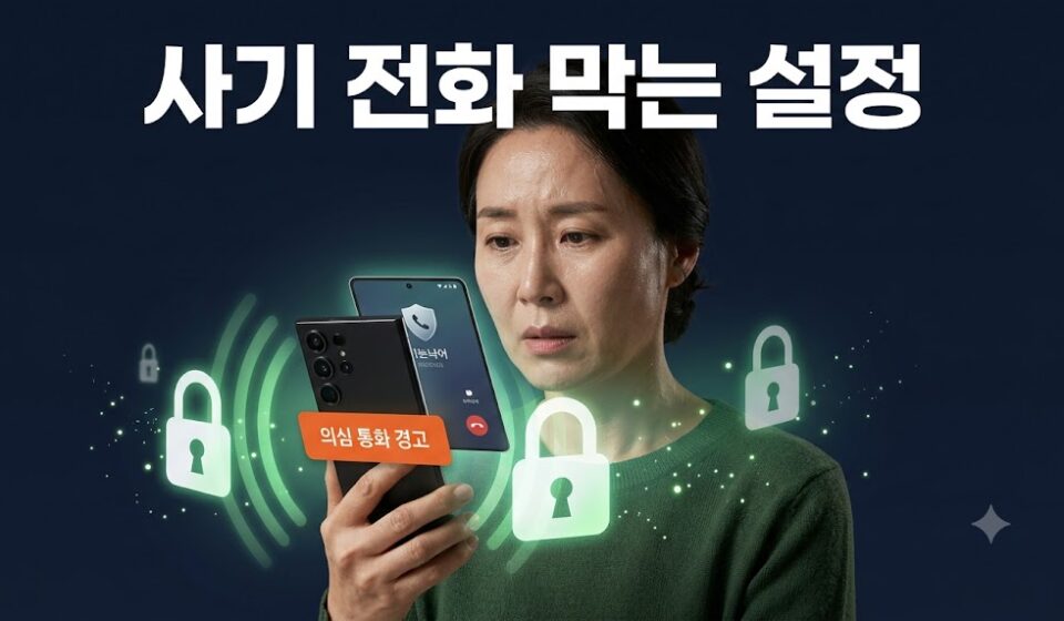 사기 의심 통화 경고가 뜬 스마트폰을 보며 불안해하는 여성