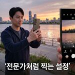 한강 노을 앞에서 갤럭시 울트라 스타일 스마트폰으로 촬영하는 남성과 프로 모드 화면