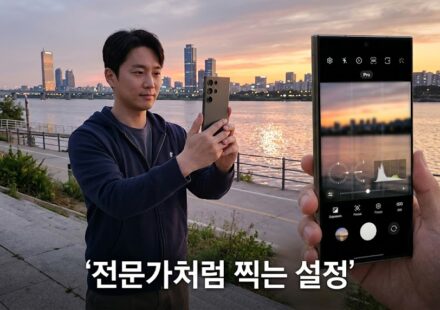 한강 노을 앞에서 갤럭시 울트라 스타일 스마트폰으로 촬영하는 남성과 프로 모드 화면